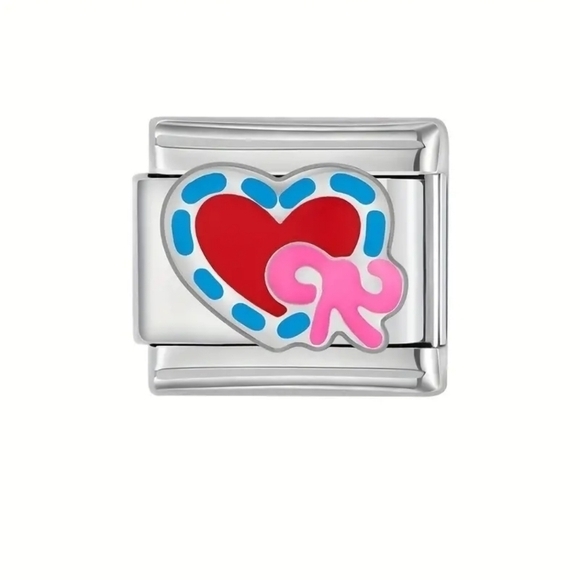 Italian Charmlink ❤️ Heart with‎ Pink Bow for Charm Bracelet 9mm - Picture 1 of 8